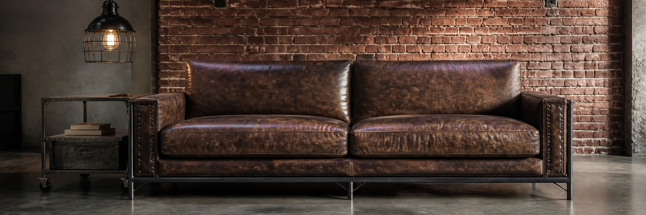Industrial modern sofa with metal frame and distressed leather upholstery
