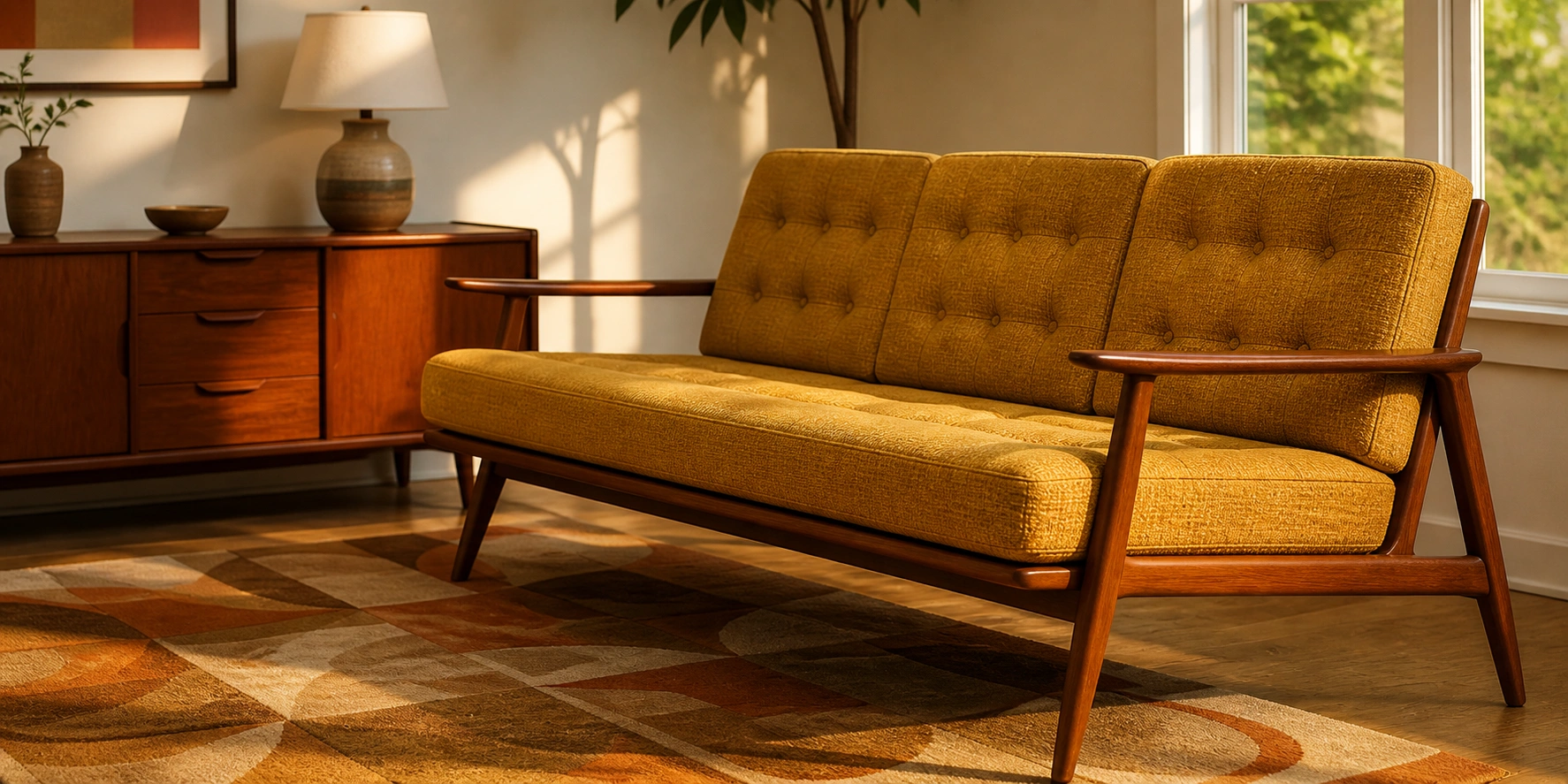 Mid-century modern sofa with tapered wooden legs and tufted back