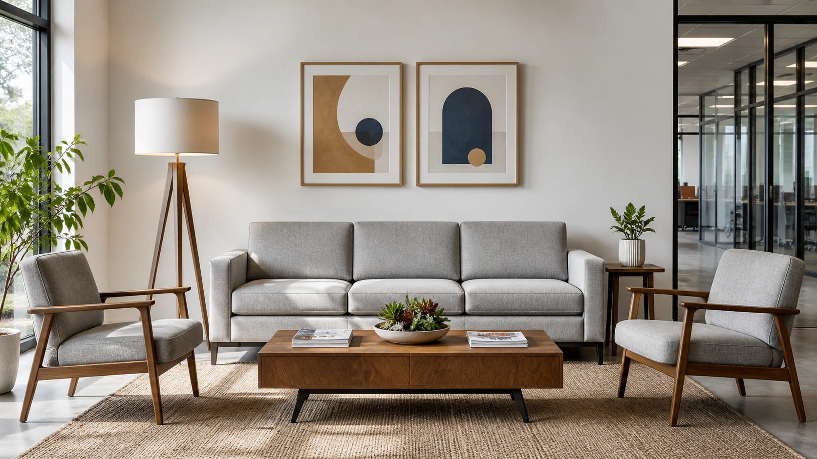 Modern professional office waiting area with stylish sofa seating, coffee table, and clean decor