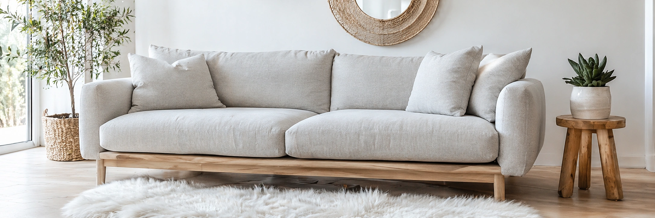 Scandinavian modern sofa with light wood legs and light gray fabric