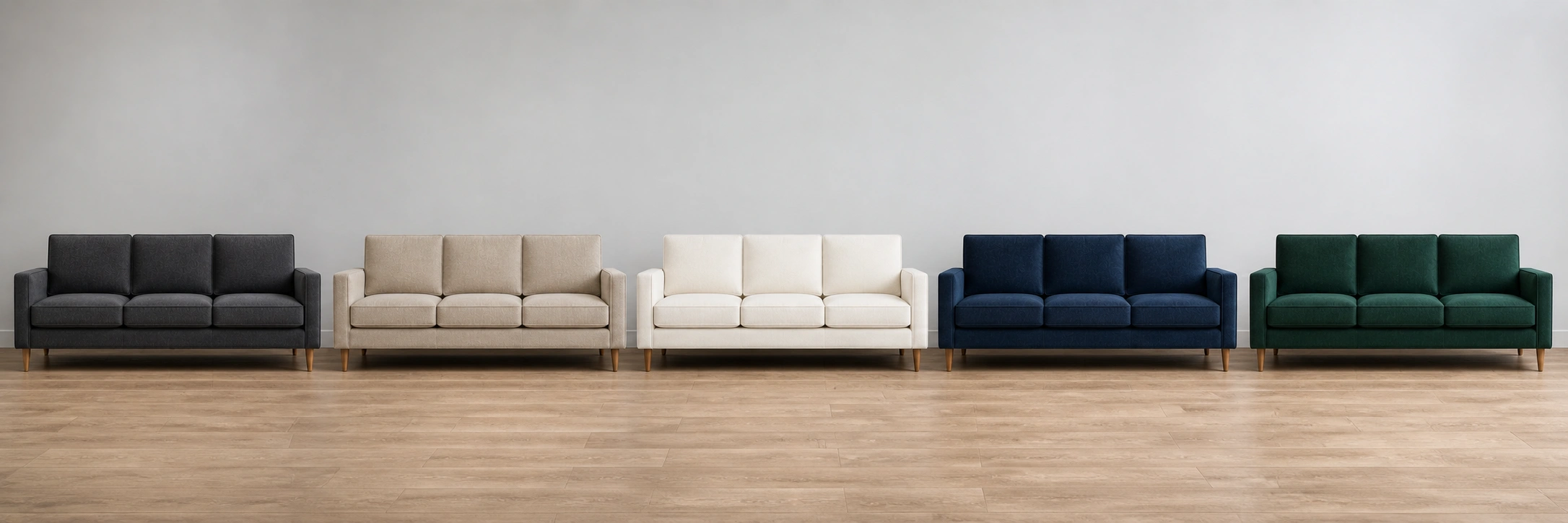 Modern sofas displayed in various colors from neutral to bold