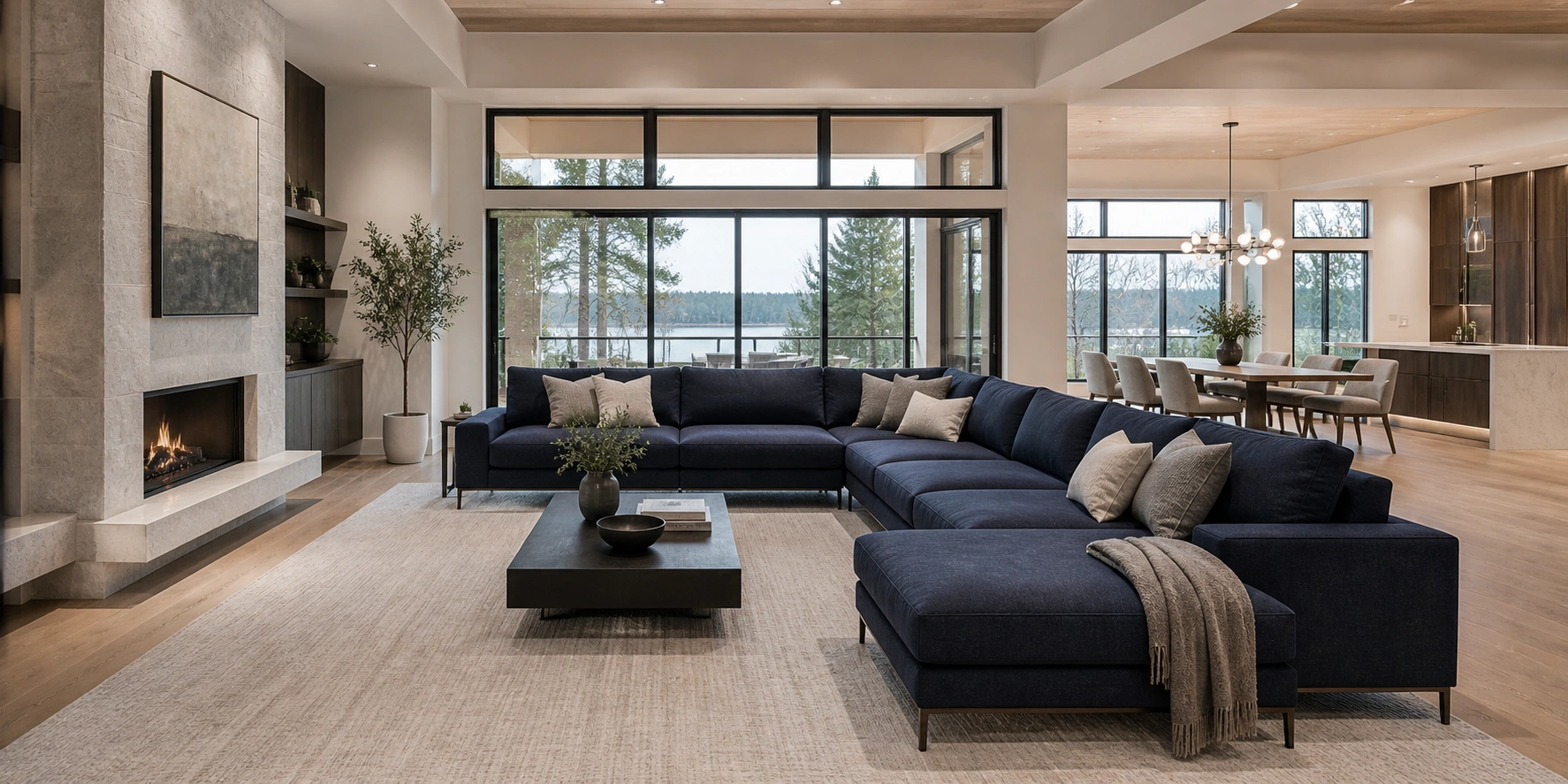 Spacious modern sectional sofa in a large open living room