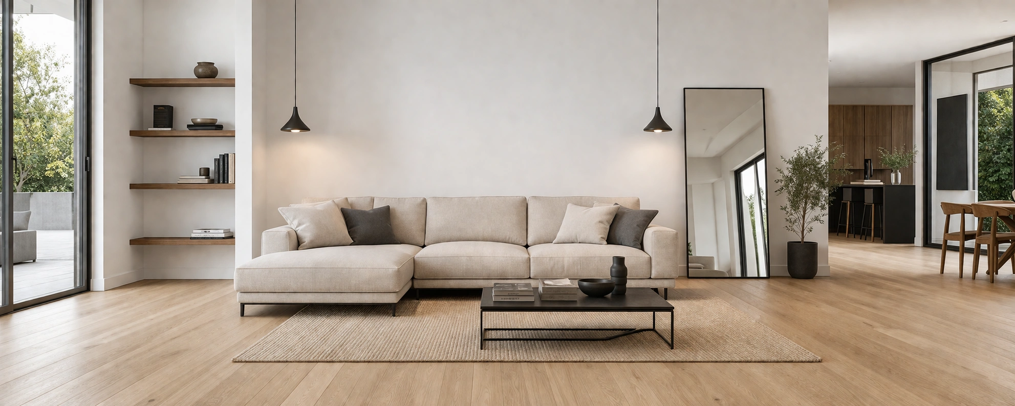 Modern sofa placed in a well-designed living room with neutral tones