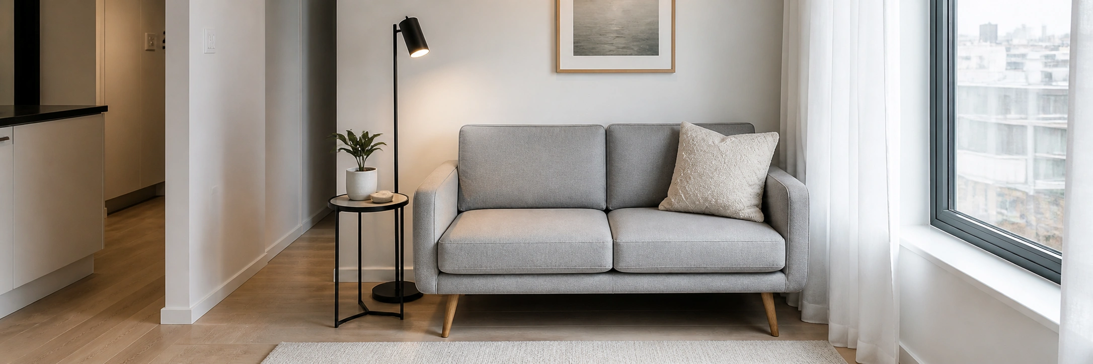 Compact modern sofa in a small apartment living room