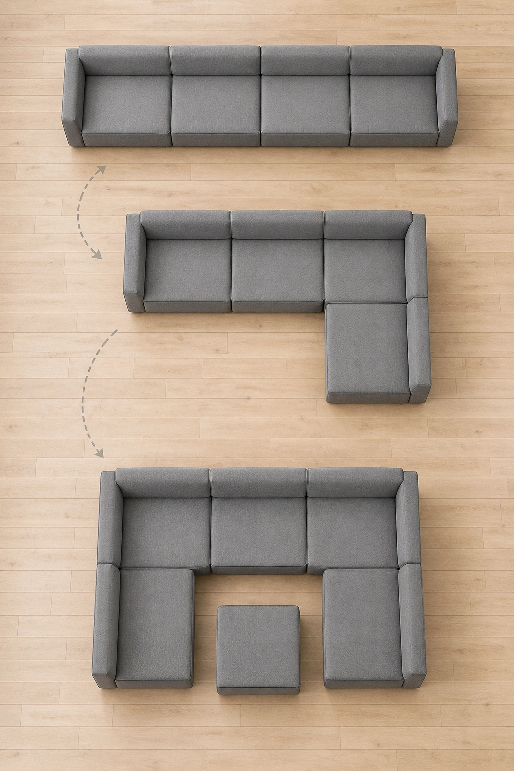 Modular sofa being configured into different arrangements
