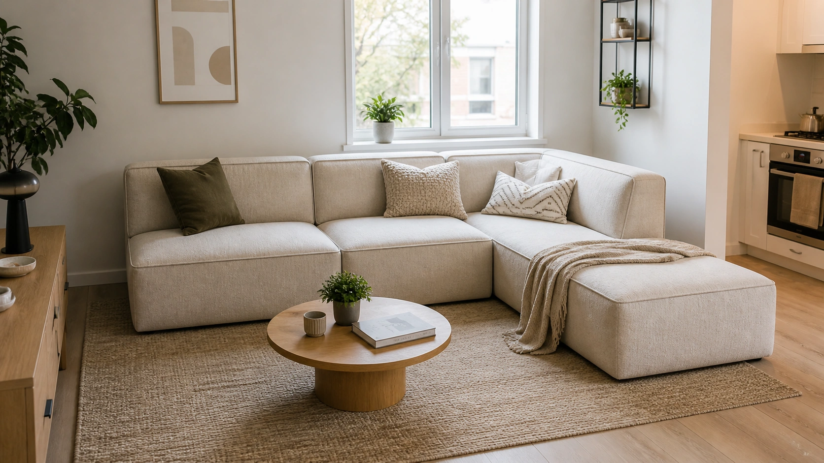 Modular sofa configured in an L-shape in a compact apartment