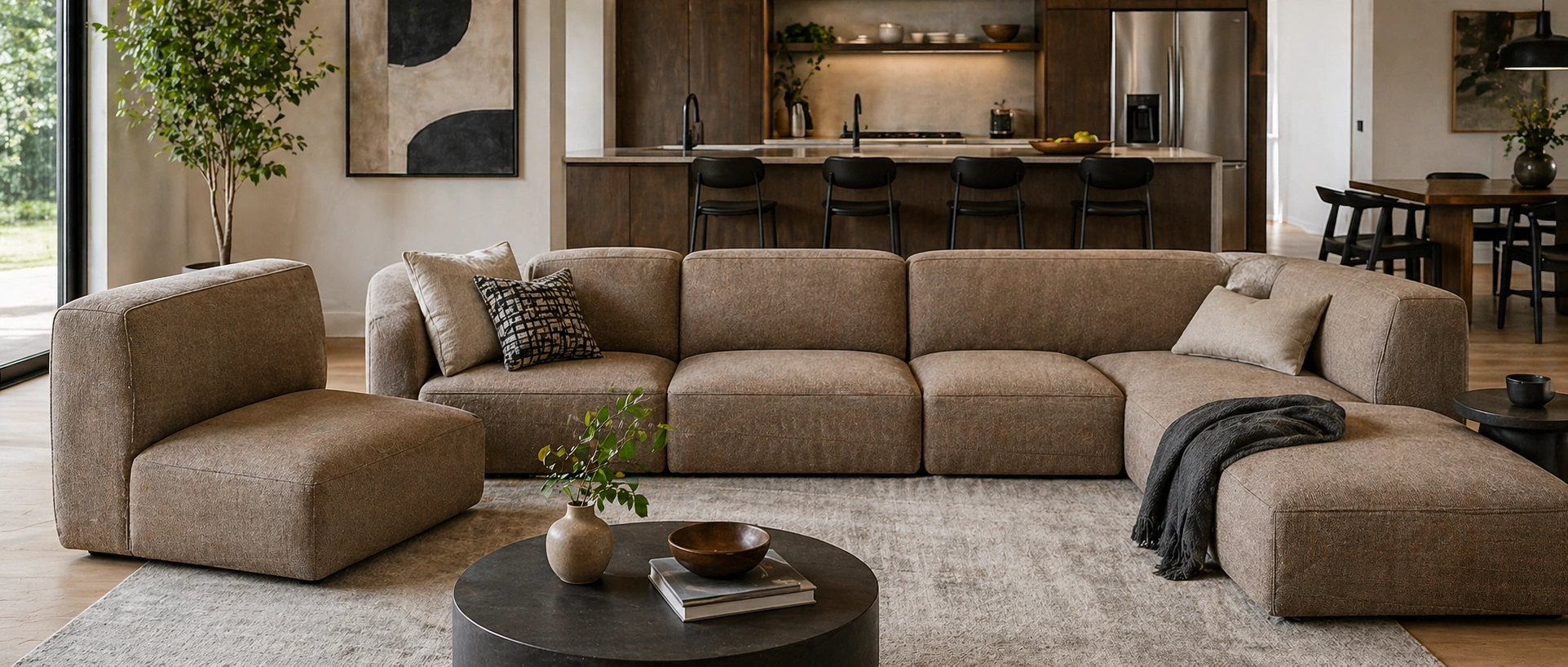 Modular sofa pieces arranged in pet-friendly configuration