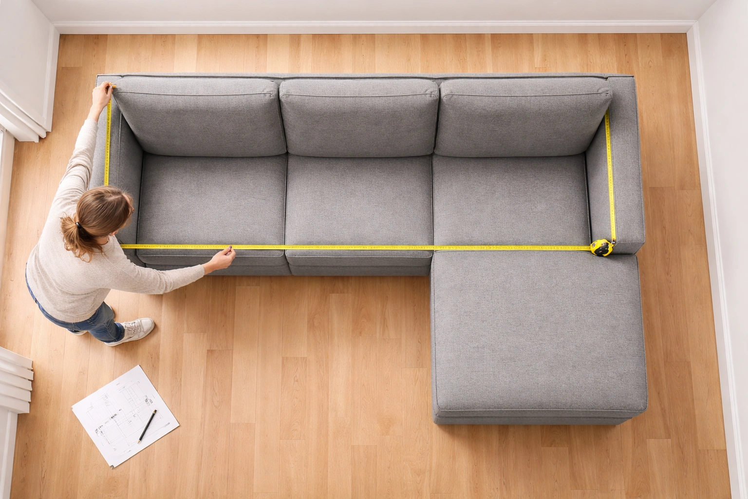 Measuring room dimensions for modular sofa placement