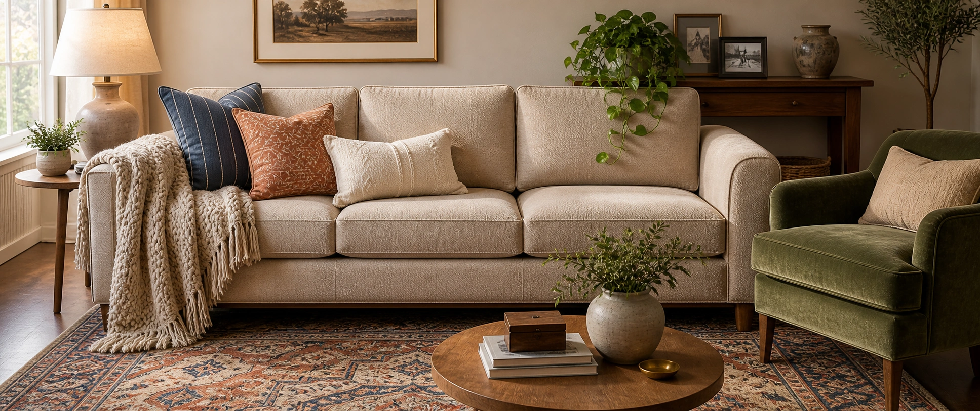 Beautifully styled neutral sofa with layered pillows, throw blanket, and curated accessories
