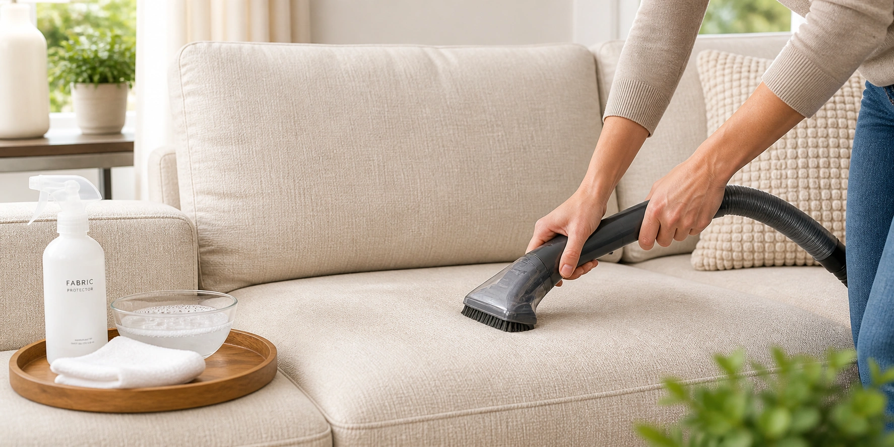 Person cleaning a neutral fabric sofa with proper tools and products