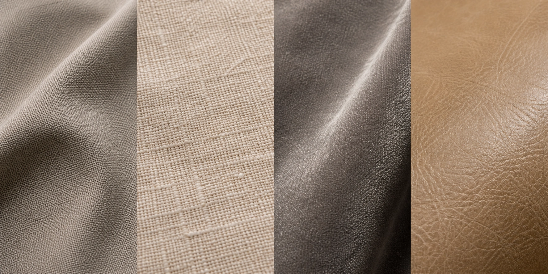 Close-up textures of different neutral sofa materials including linen, velvet, and performance fabric