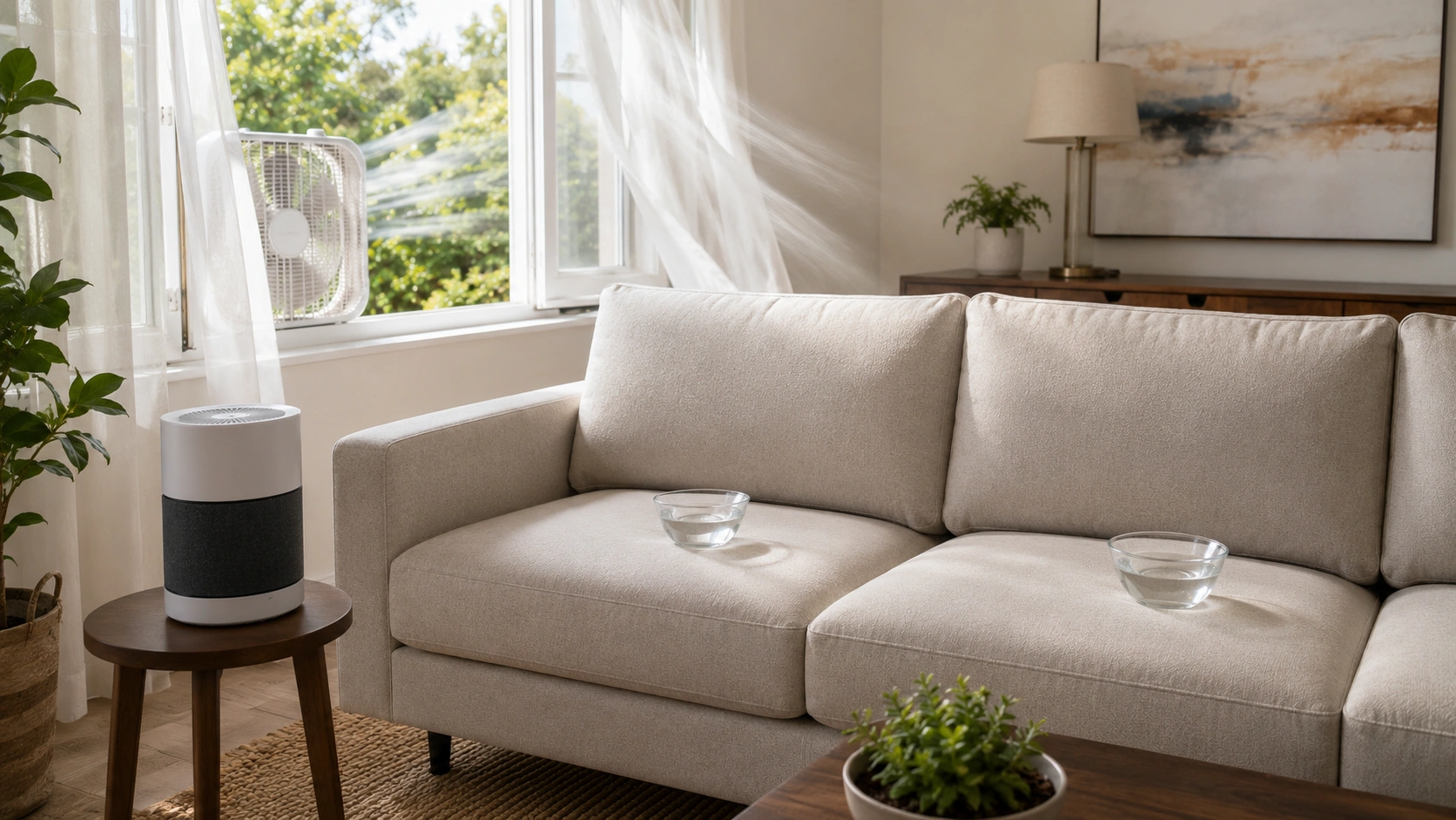 New sofa with windows open for ventilation to reduce chemical off-gassing odor