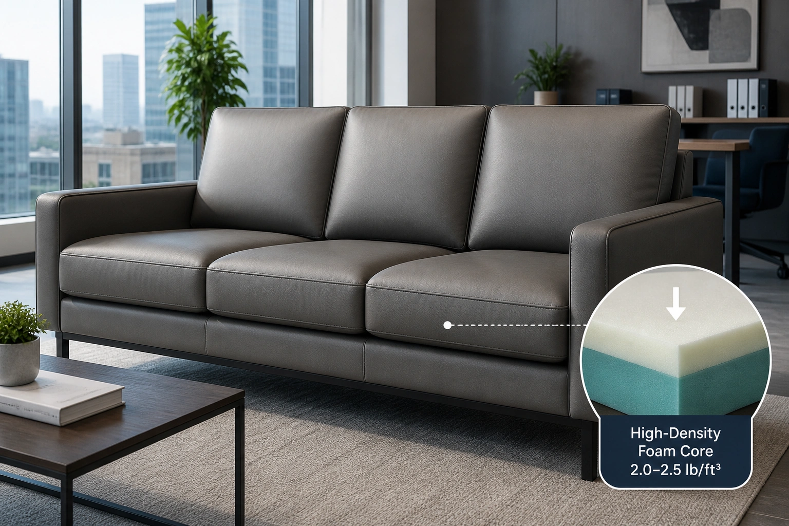 Office sofa with firm high-density foam cushions providing structured supportive seating
