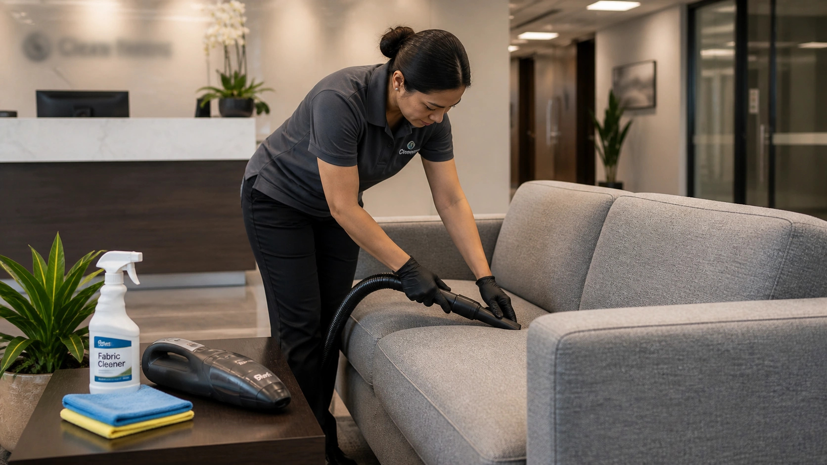 Professional cleaning of fabric office sofa in reception area showing proper technique with microfiber cloth