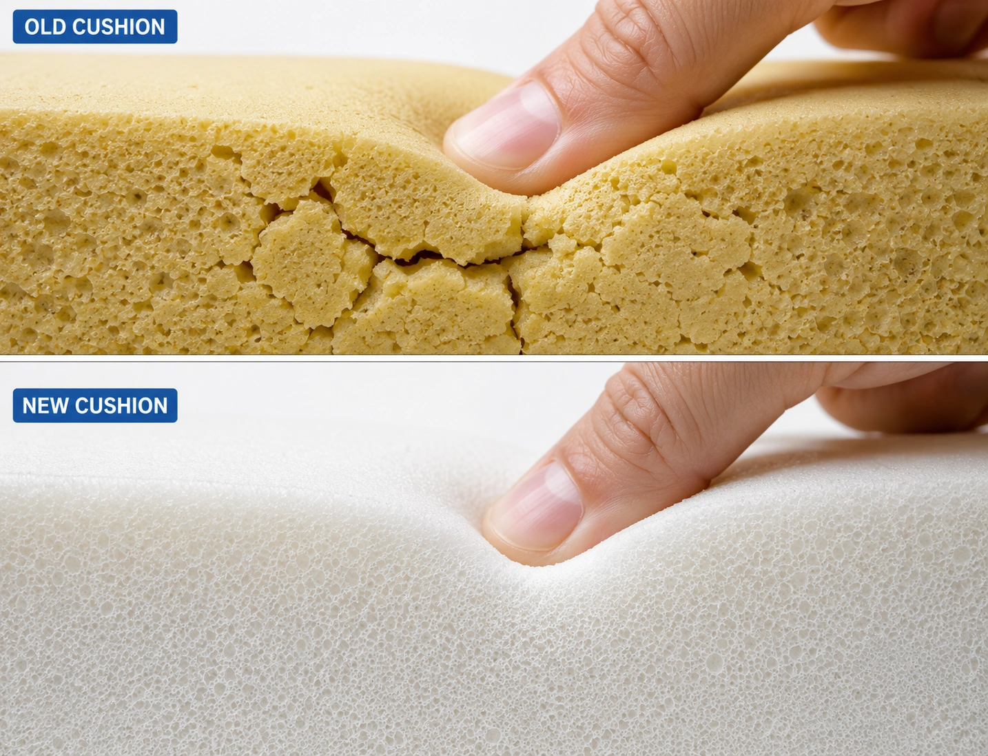 Side by side comparison of deteriorated old cushion foam next to fresh high-density replacement foam