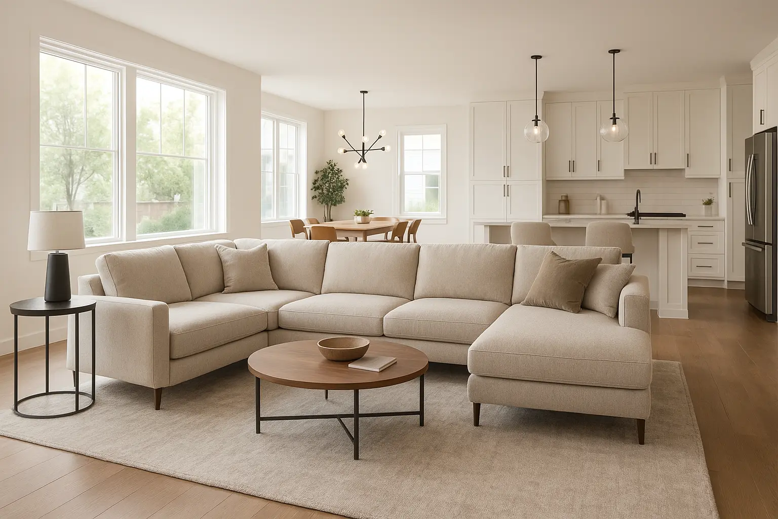 Open concept living room with properly sized sectional sofa