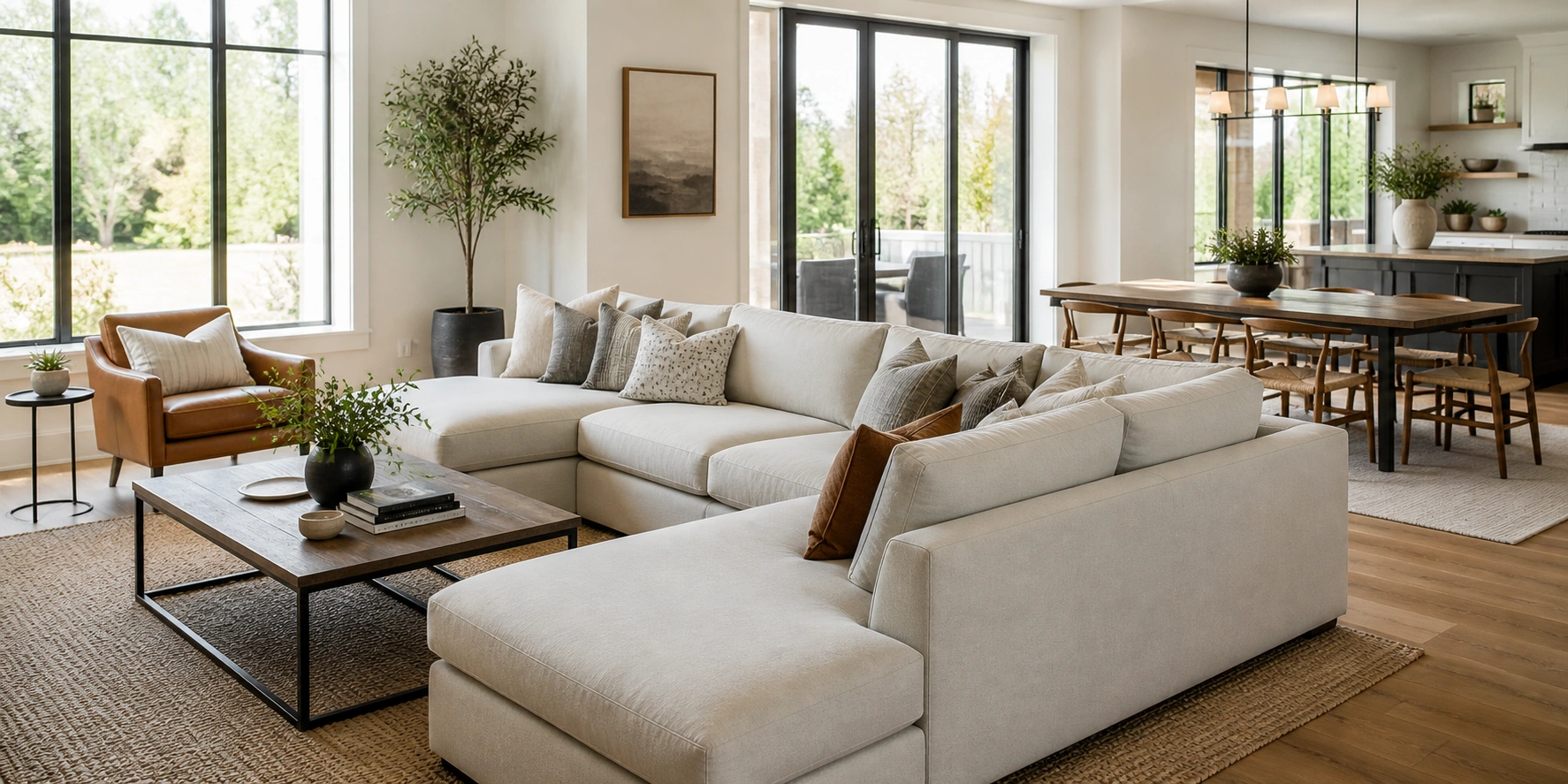 Open plan living room with sectional sofa dividing living and dining areas