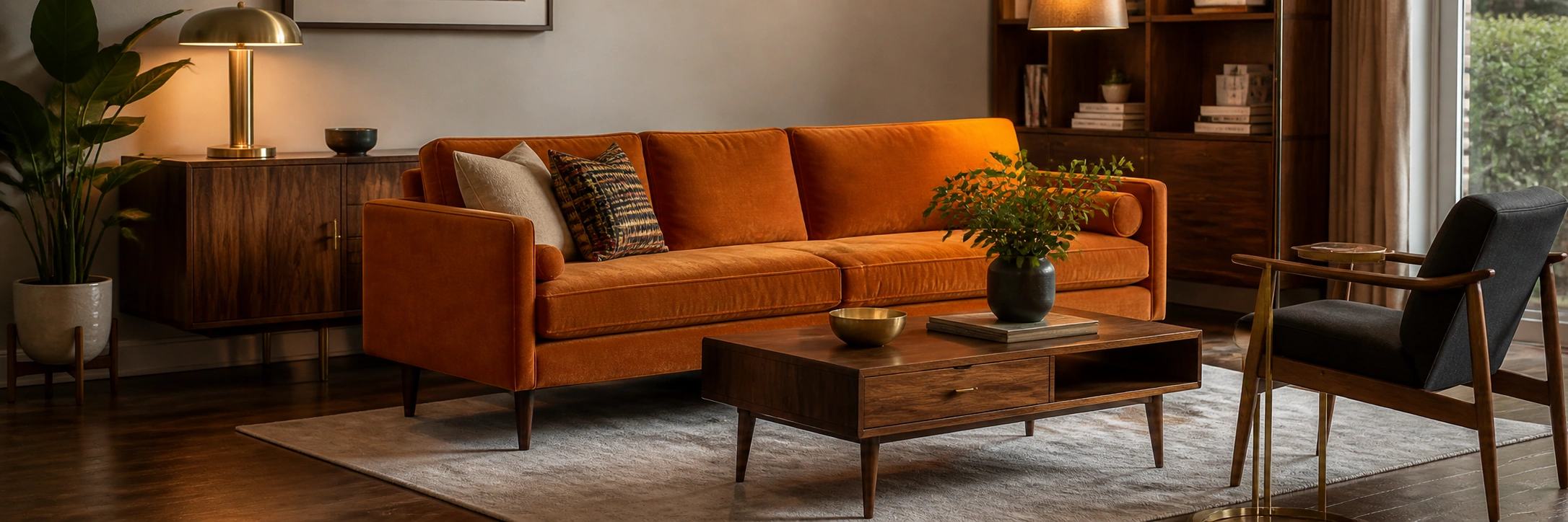 Orange sofa with warm wood furniture
