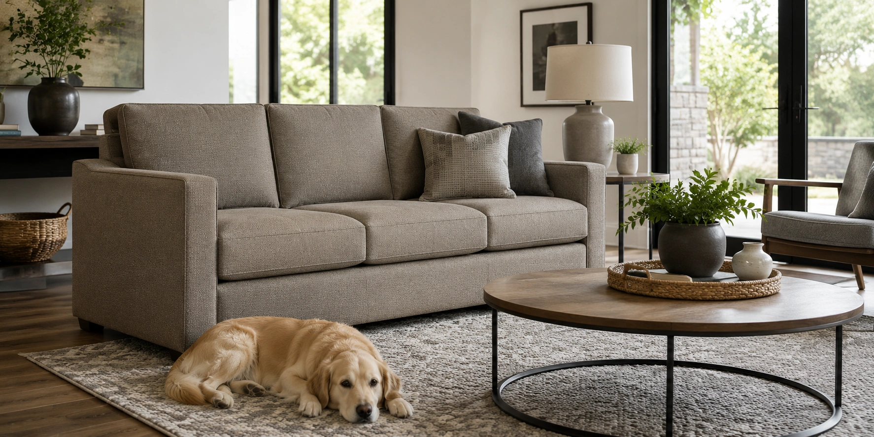 Indoor living room sofa upholstered in durable outdoor Sunbrella fabric with a dog nearby