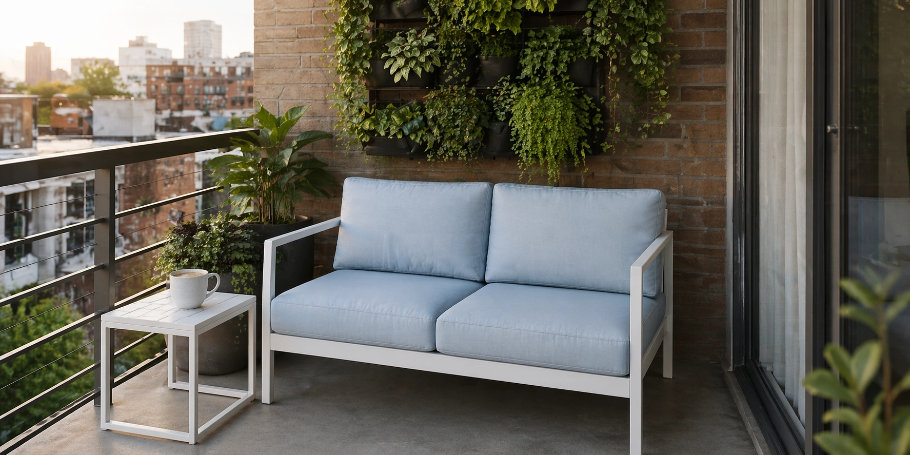 Compact outdoor loveseat on a small balcony