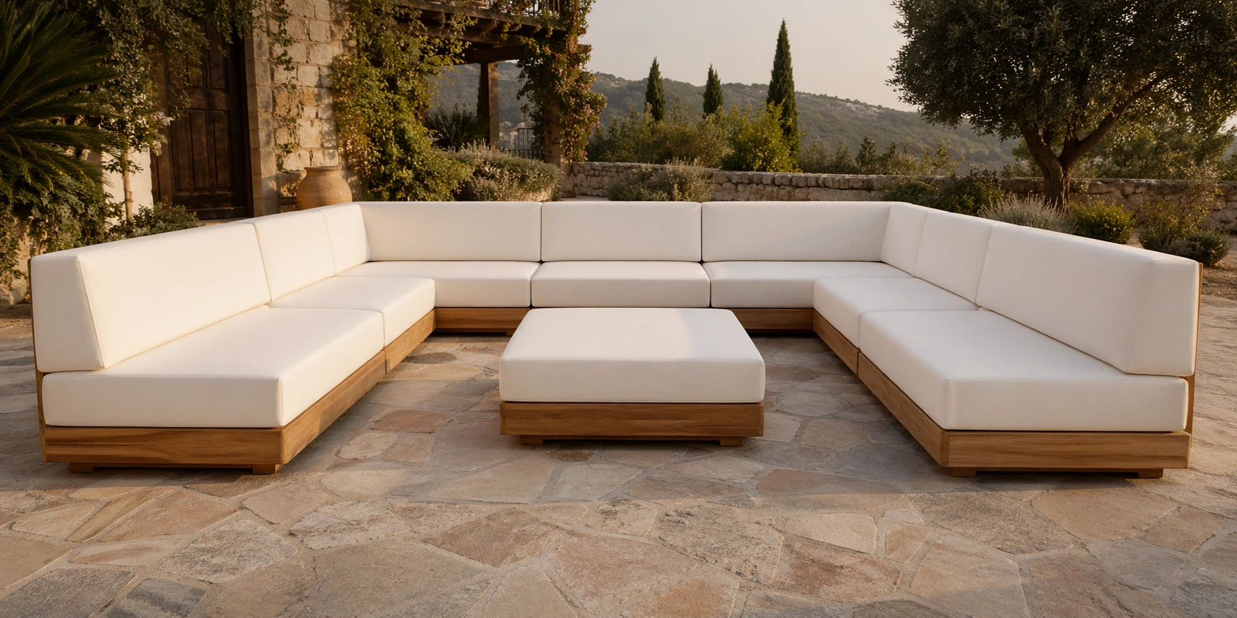 Modular outdoor sofa pieces arranged in custom layout