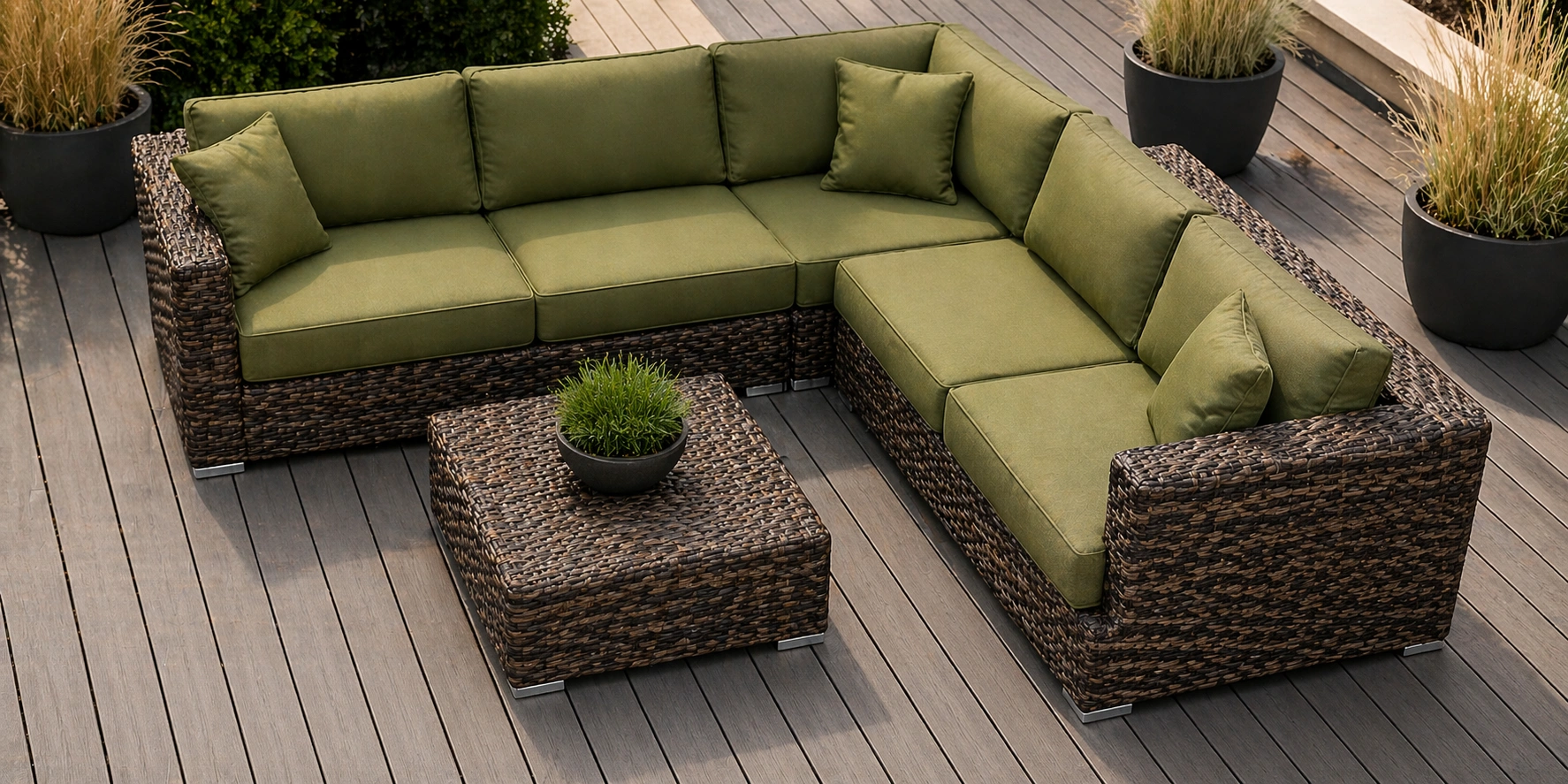 Outdoor sectional sofa in L-shape on a wooden deck