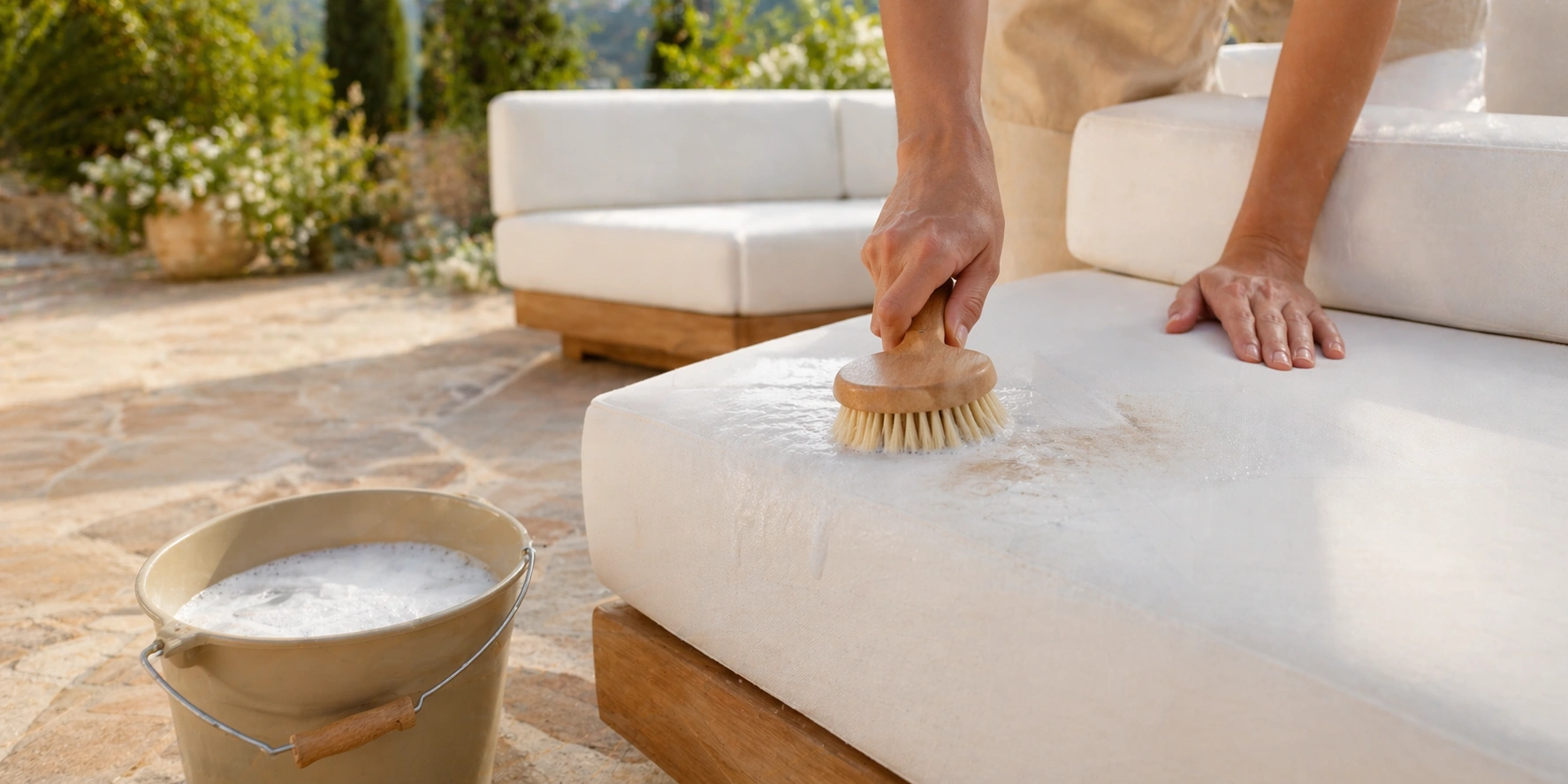 Person cleaning outdoor sofa cushions with brush and soapy water on patio