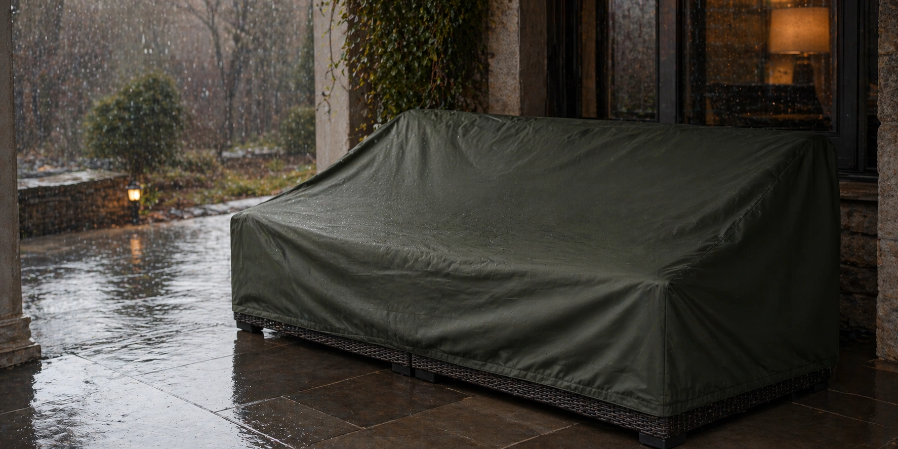 Outdoor sofa on a covered patio during rain with protective cover on cushions