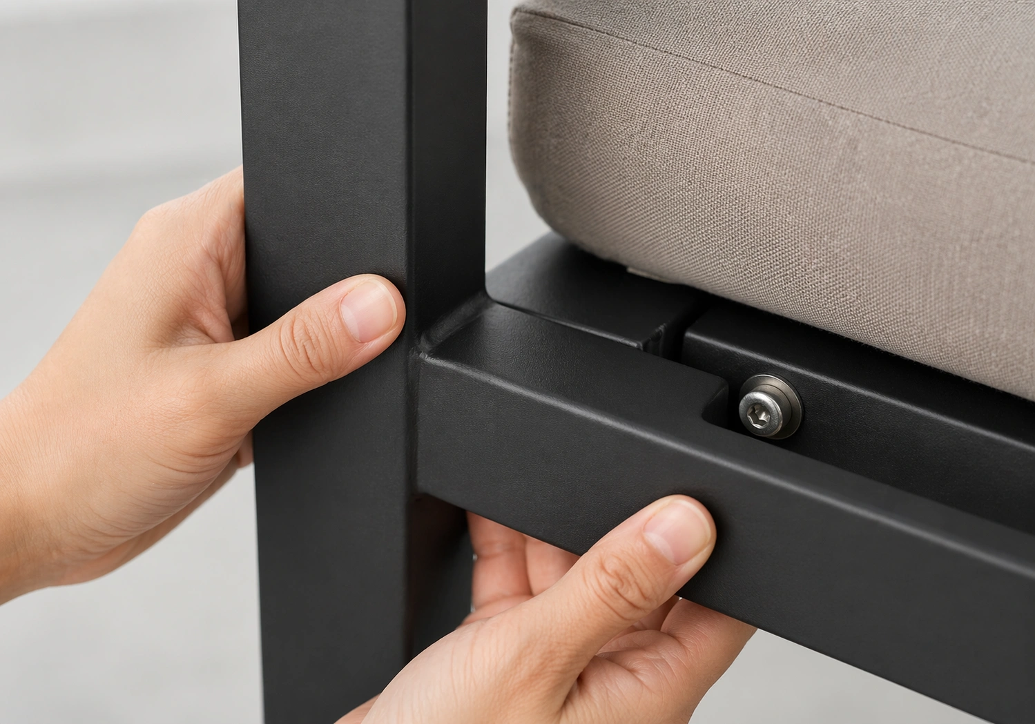 Inspecting outdoor sofa frame weld joints and cushion stitching quality