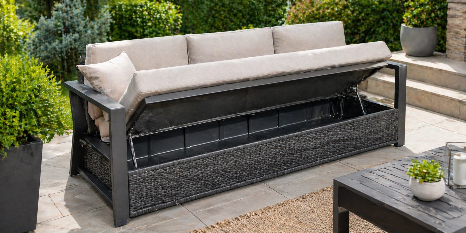 Outdoor sofa with hidden storage compartment under the seat