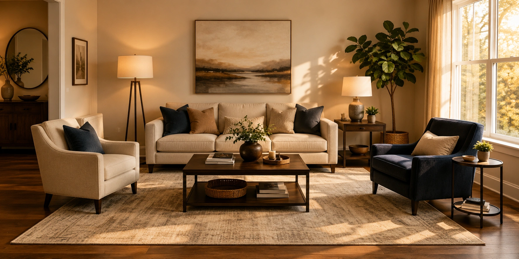 Beautifully arranged living room with balanced furniture layout, area rug, and proper spacing