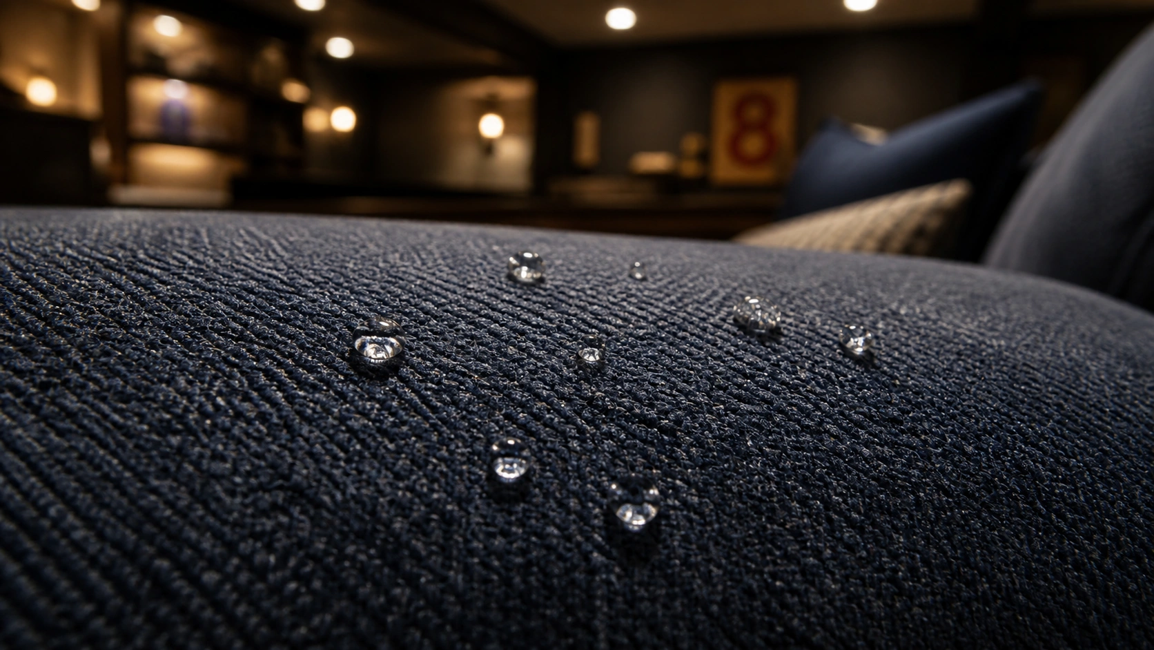 Close up of performance fabric upholstery on a rec room sofa