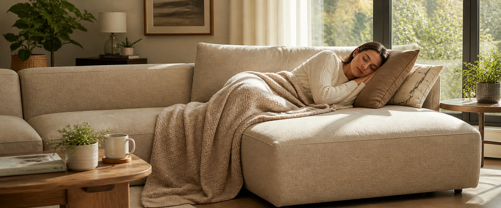 Person comfortably napping on a deep-seat chaise sofa in a bright living room
