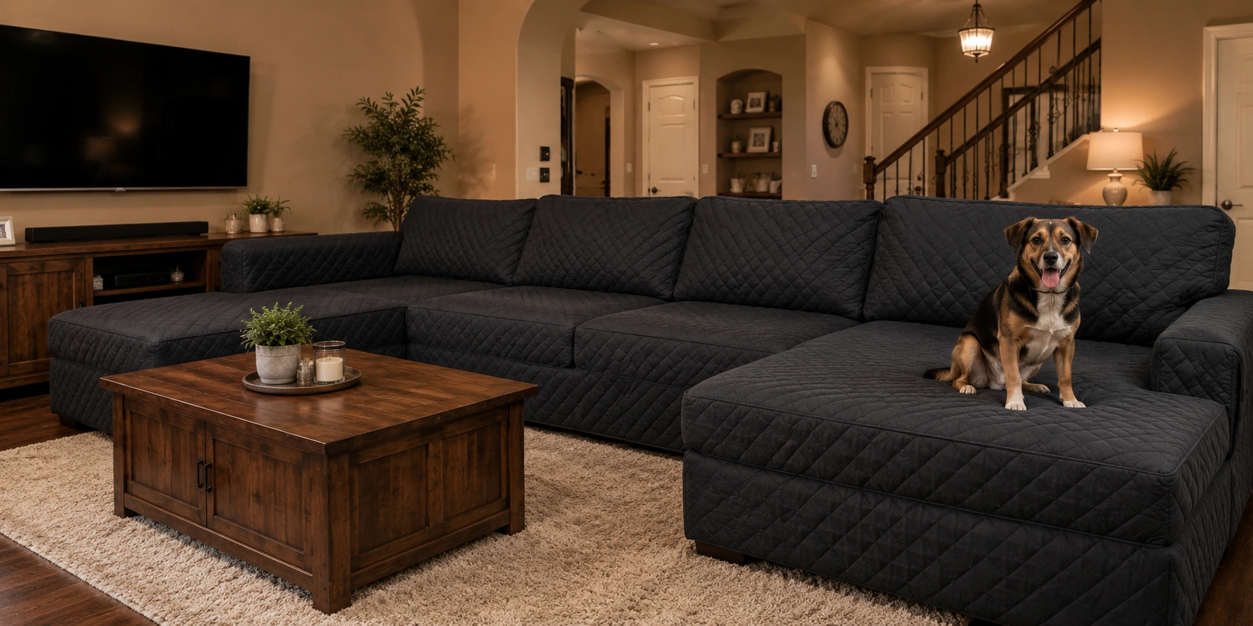 Pet-proof covers installed on an L-shaped sectional sofa in a family room with a dog nearby