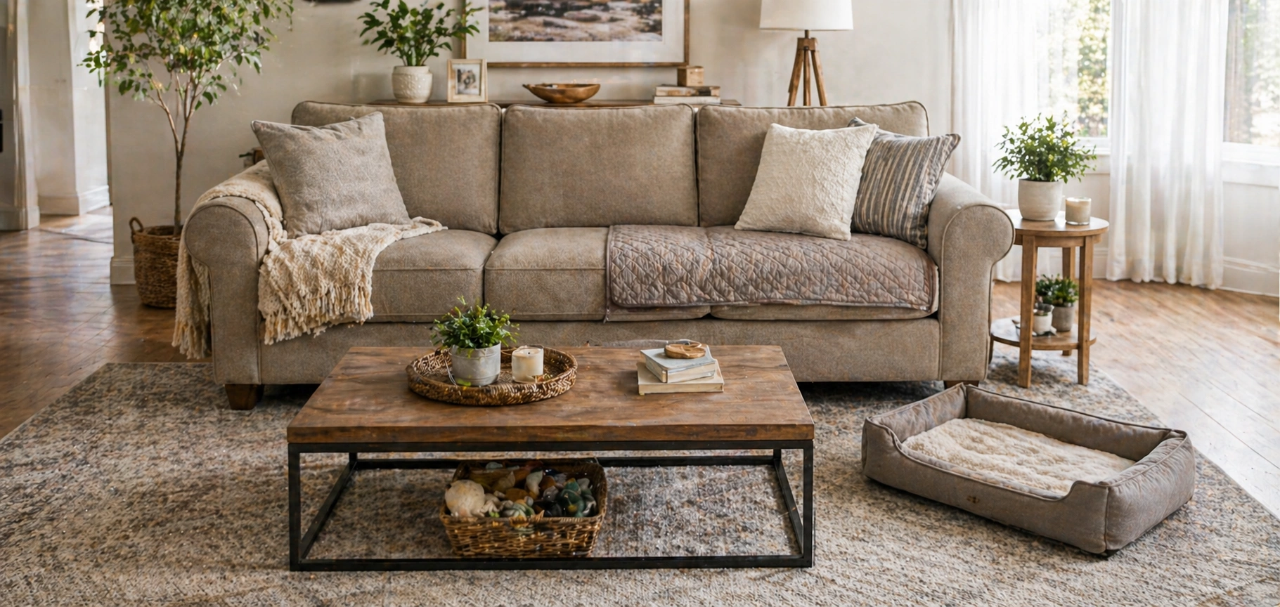 Complete pet-friendly living room setup with washable sofa and pet accessories