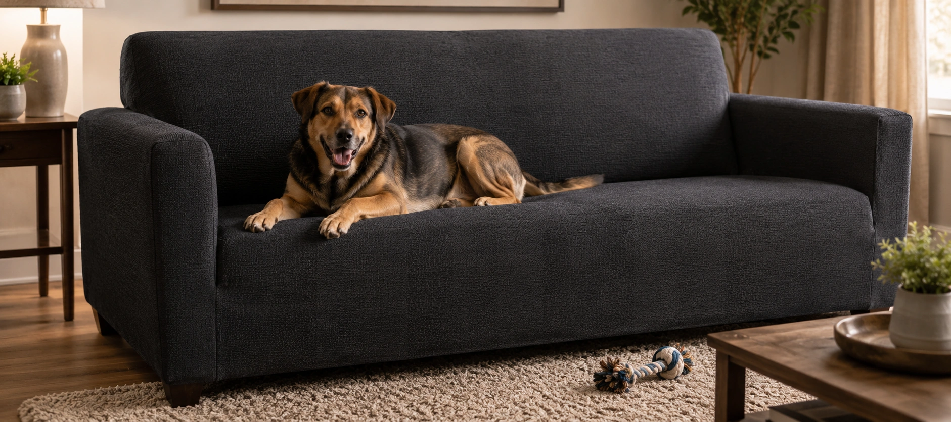 Pet proof sofa cover with a dog resting on the couch