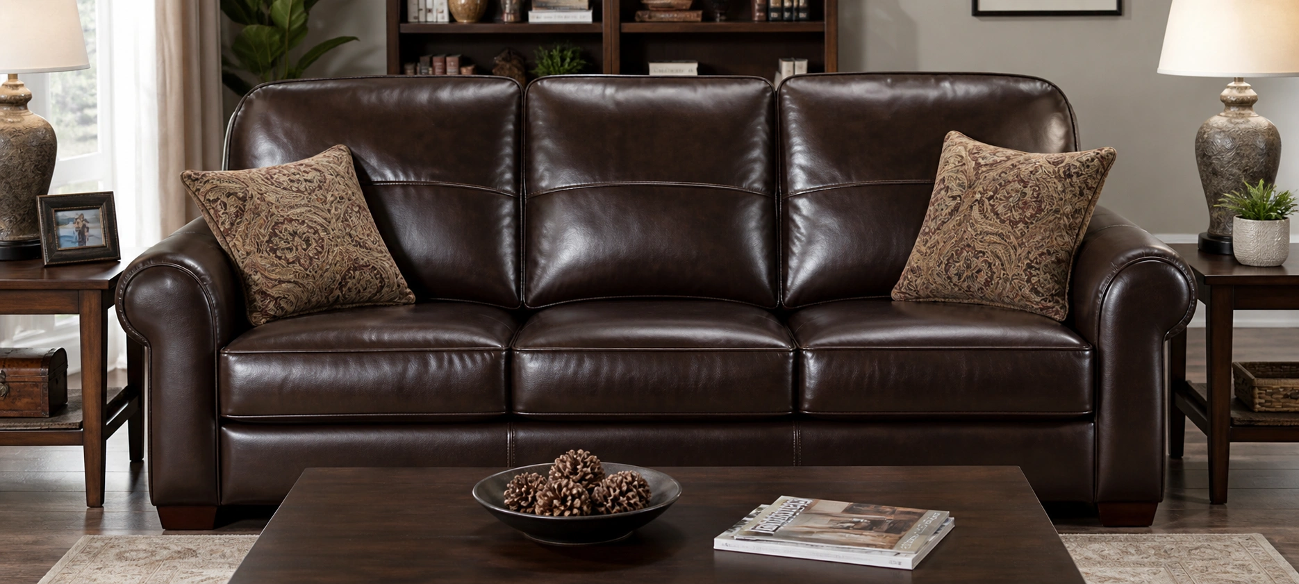 Pigmented leather sofa with uniform color and durable protective top coat