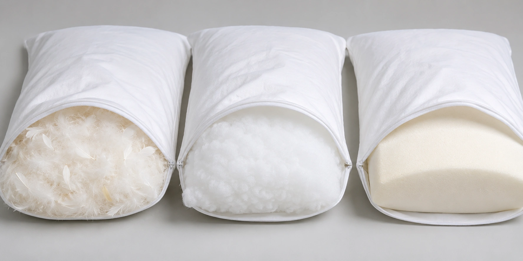Side by side comparison of down feather polyester and foam pillow inserts showing different loft levels