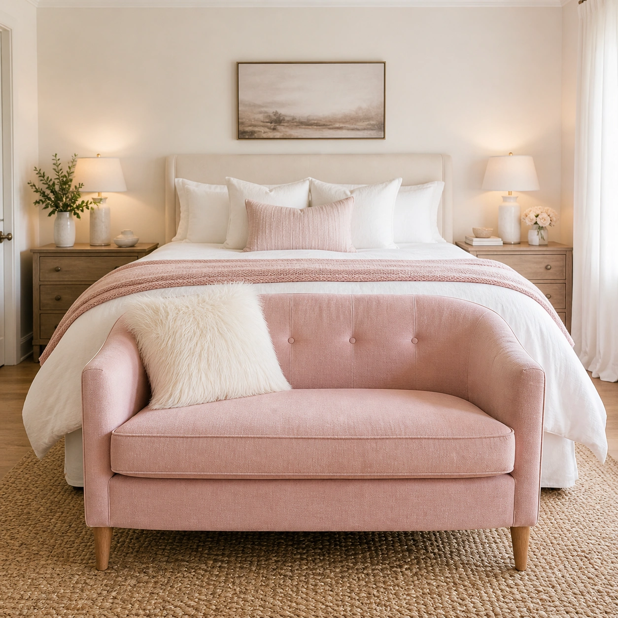Blush pink loveseat at the foot of a bed in a stylish bedroom