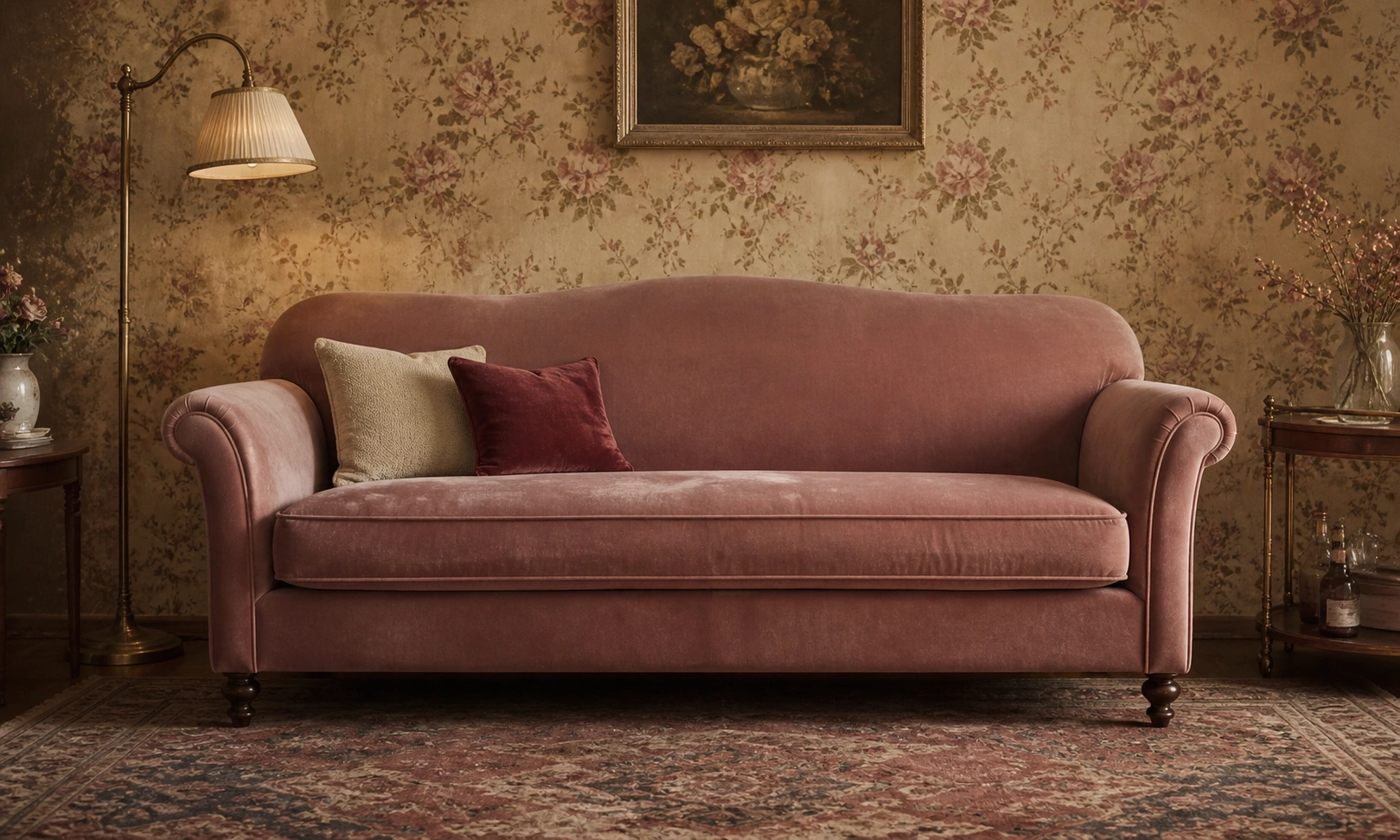 Dusty rose velvet couch in a vintage-inspired living room