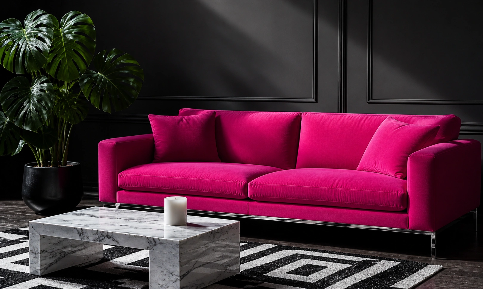 Bold fuchsia pink statement couch in a modern room with dark walls