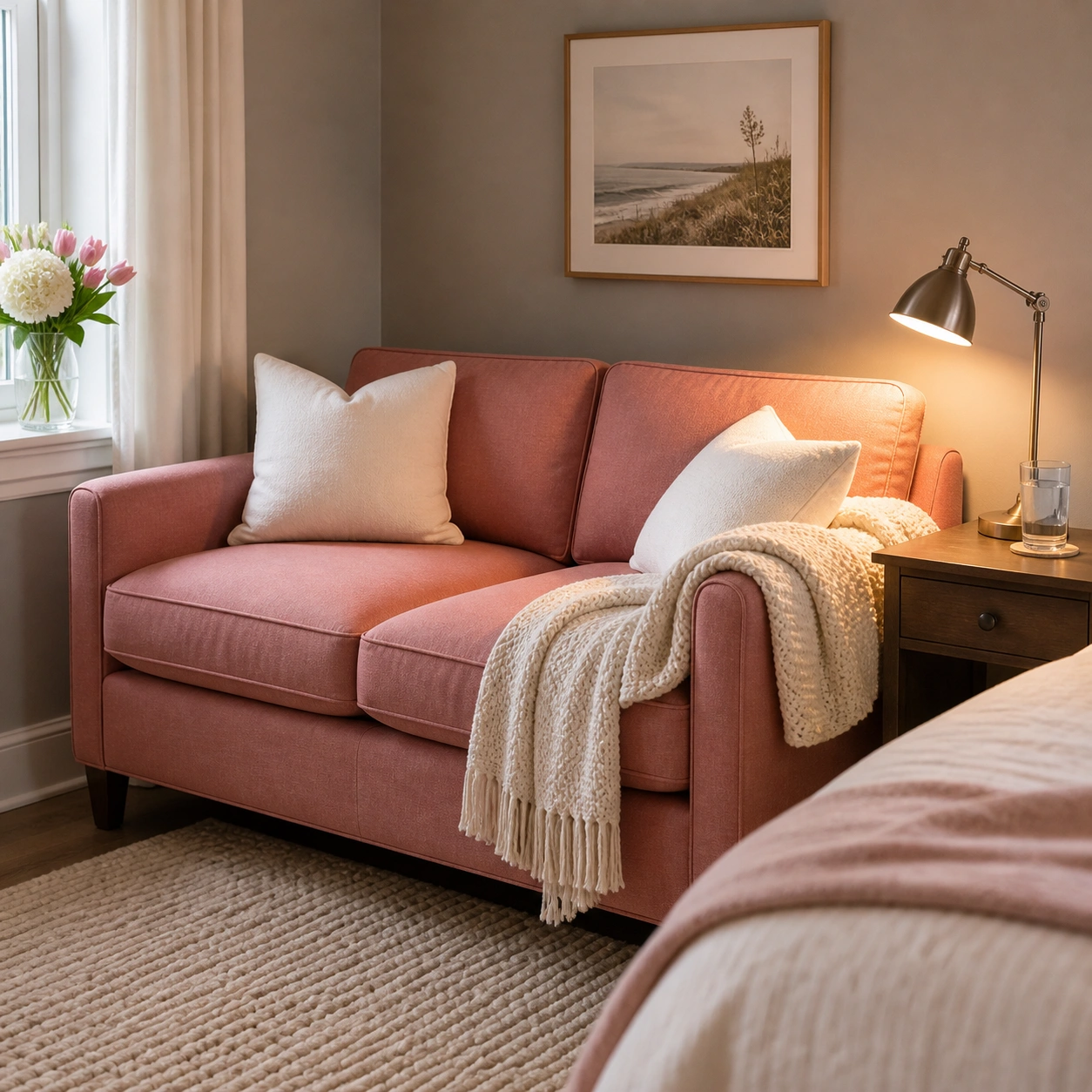 Pink sofa in a guest room with layered textiles and soft lighting