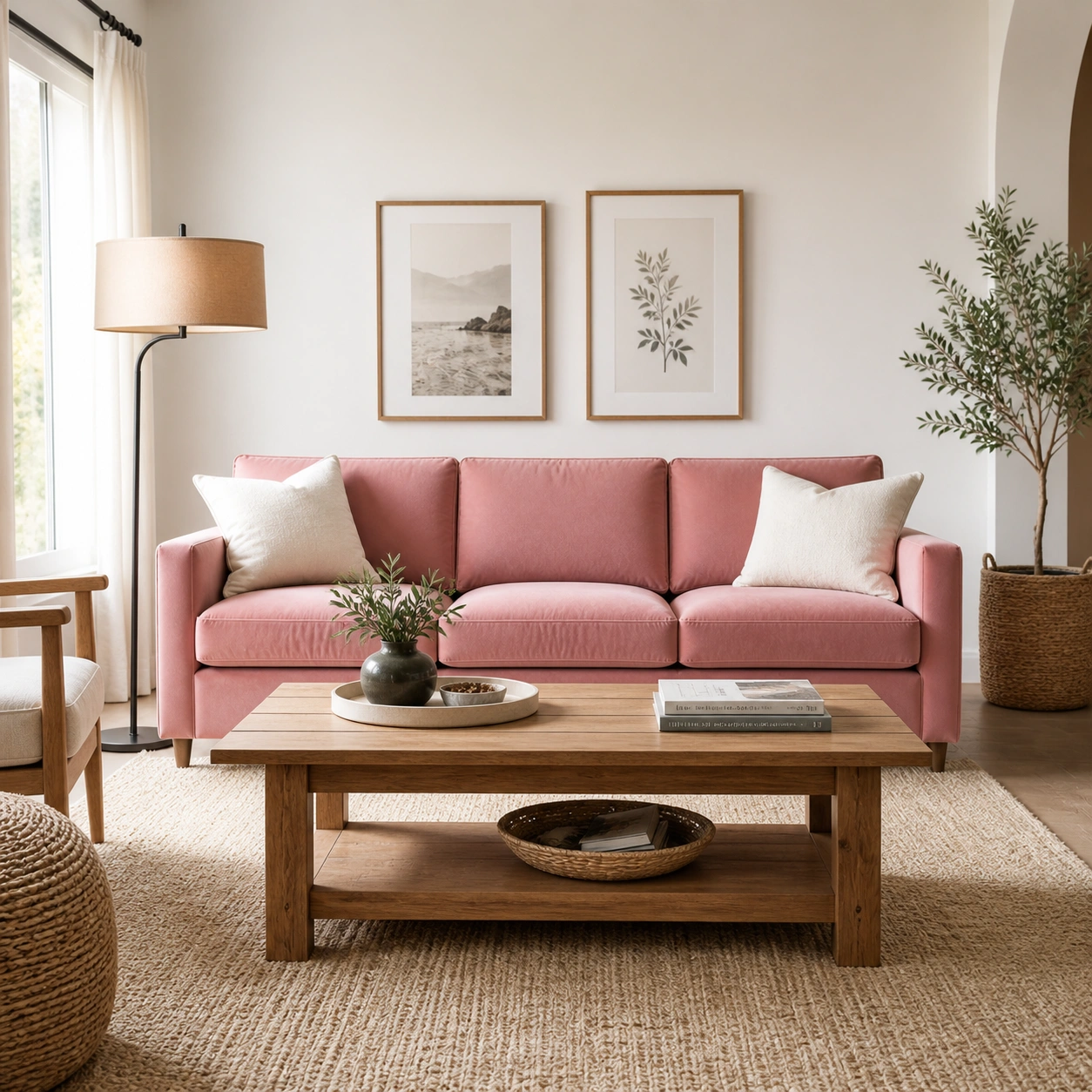 Pink couch as the focal point in a well-balanced living room