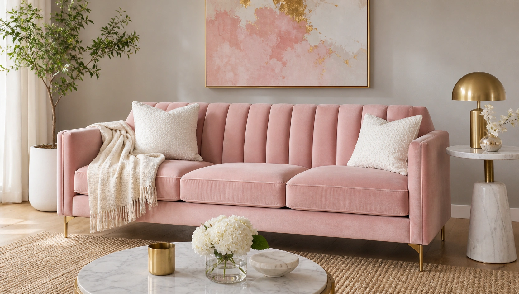 Elegant blush pink couch in a well-designed living room with neutral decor and gold accents