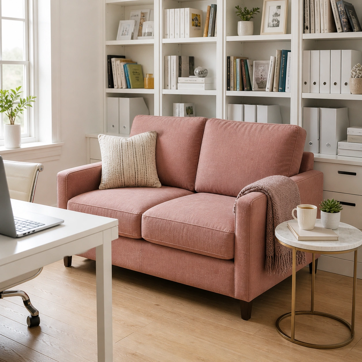 Pink accent sofa in a home office with bookshelves and desk