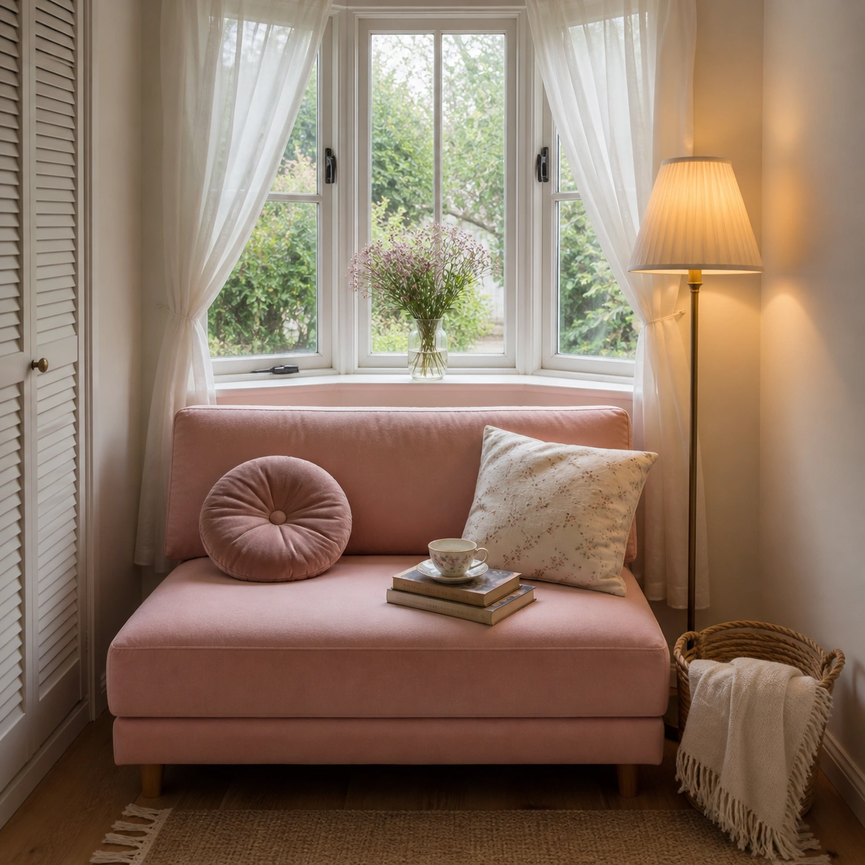 Pink armchair or small sofa in a cozy reading nook by a window