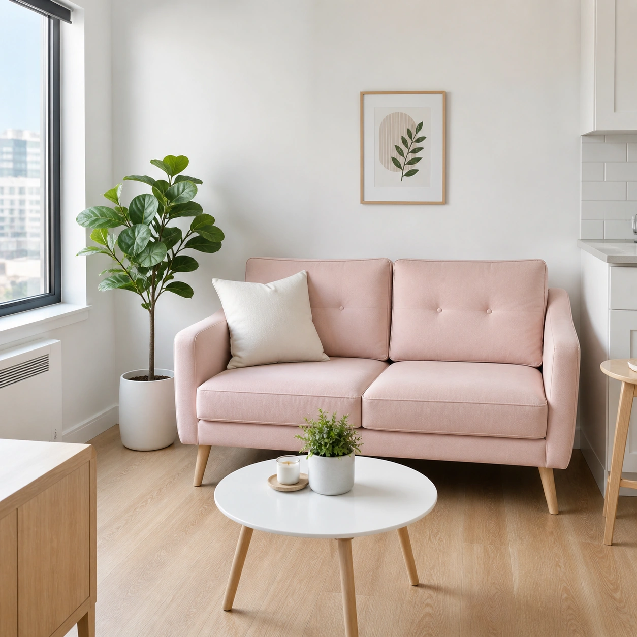 Compact pink sofa in a small apartment living area