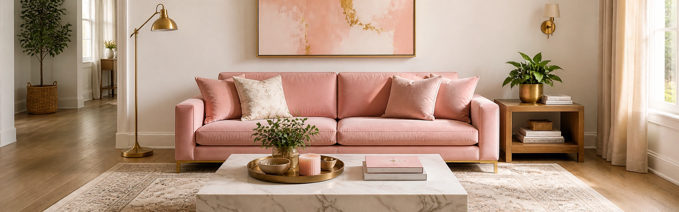 Beautifully styled pink couch in a complete living room setting with complementary decor, rug, and accessories