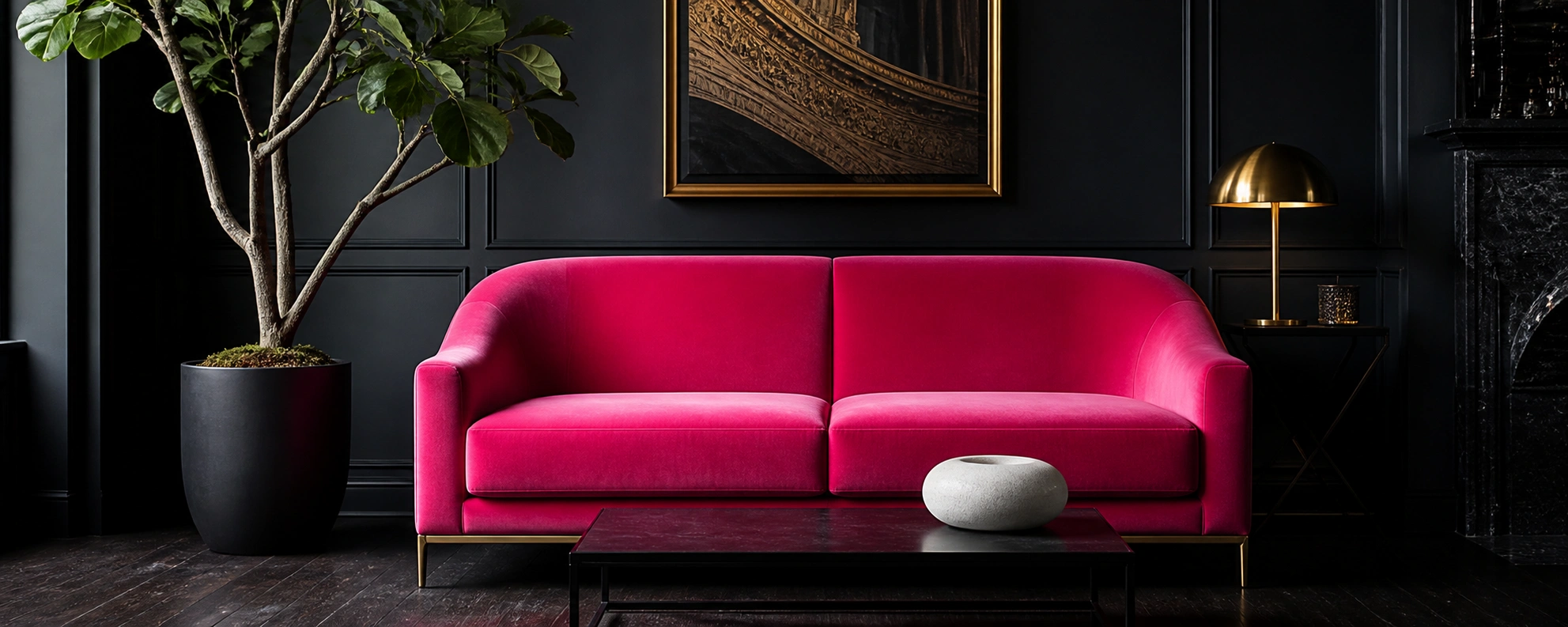 Pink couch contrasted with dark walls and green plants for dramatic effect