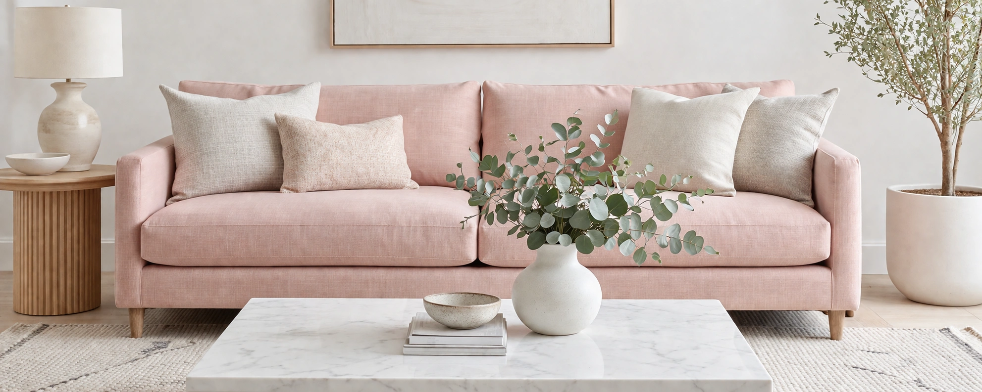 Pink couch styled with neutral white cream and gray decor elements